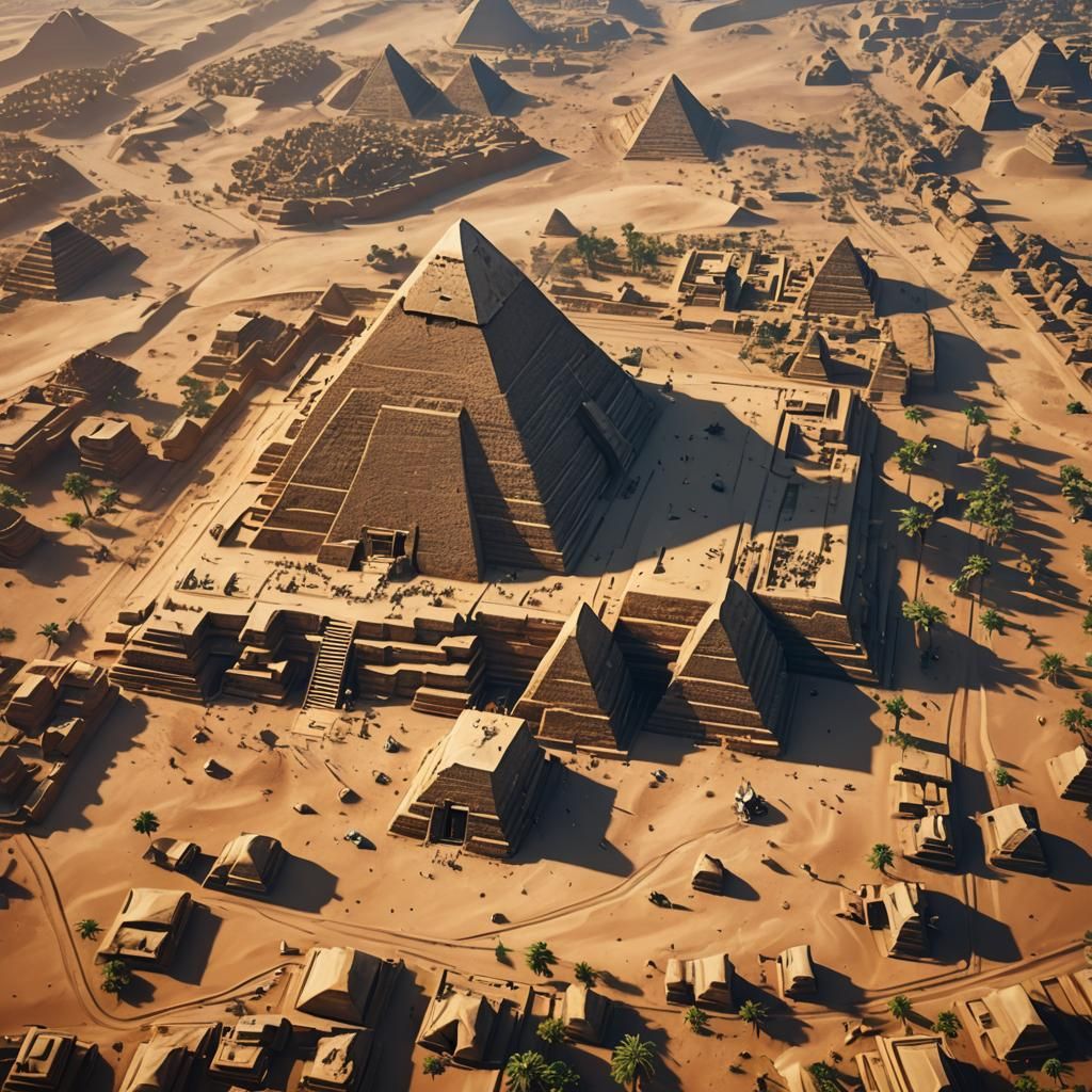 Egyptian Pyramids and Sphinx from Above in Matte Painting