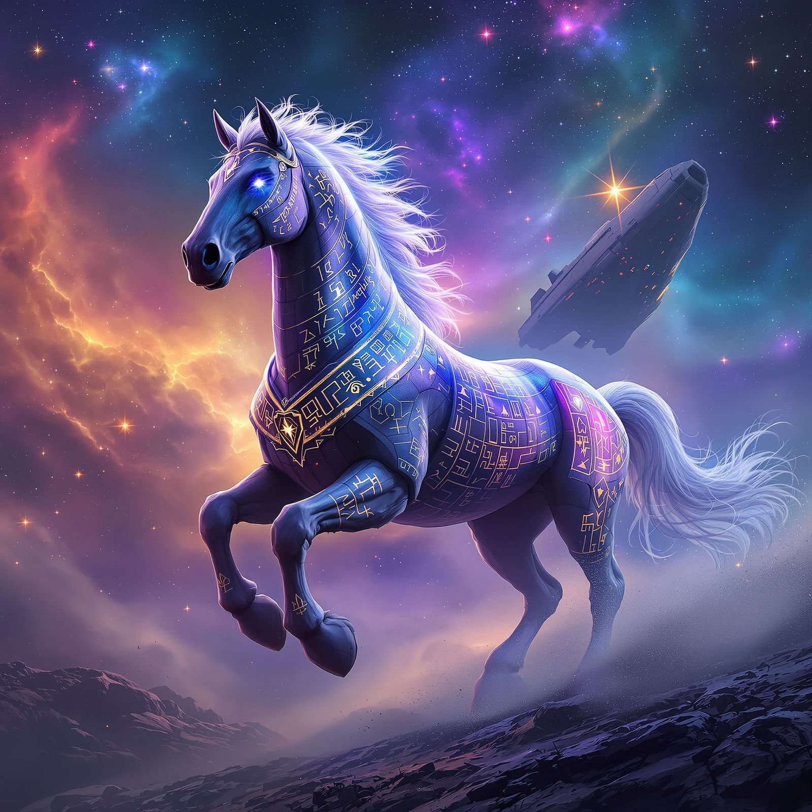 Majestic Warhorse Galloping Through Nebula Sky