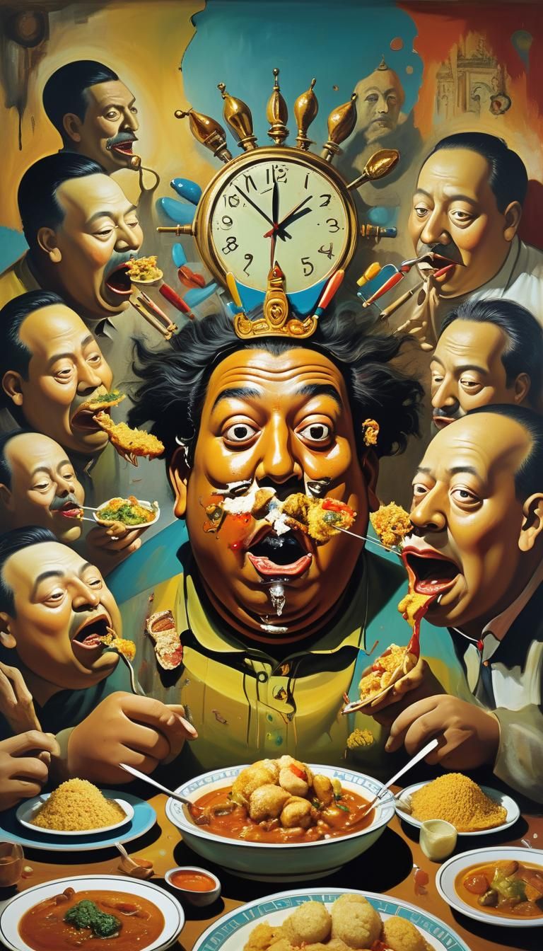 Surreal Multi-Headed Man Enjoying Indian Food