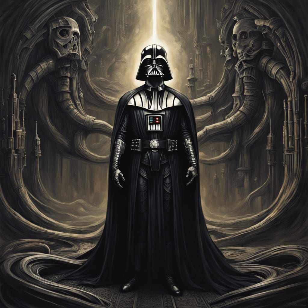 Biomechanical Darth Vader in Dark, Futuristic Landscape