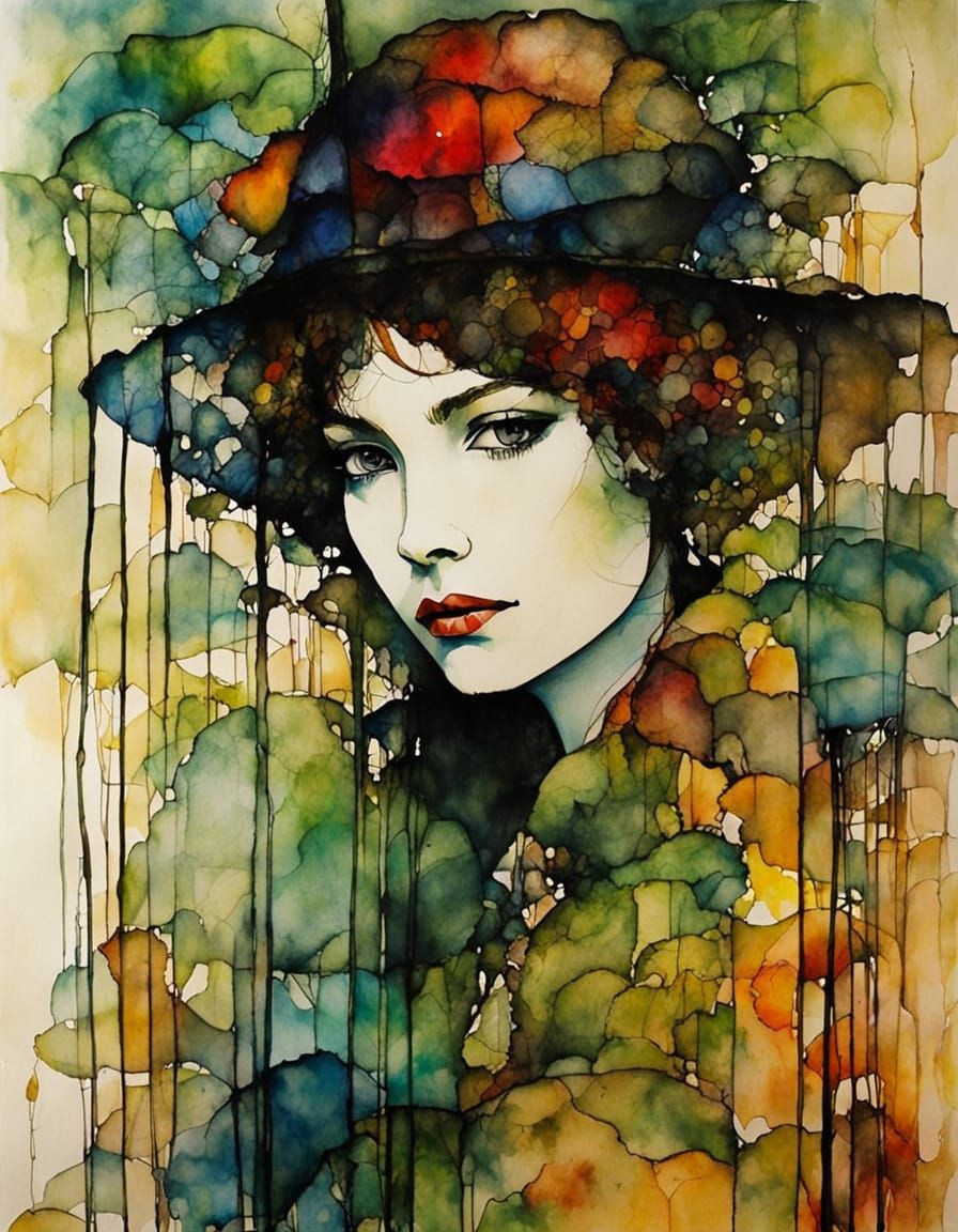 Ethereal Eden: Expressionist Mixed Media Ink and Watercolor