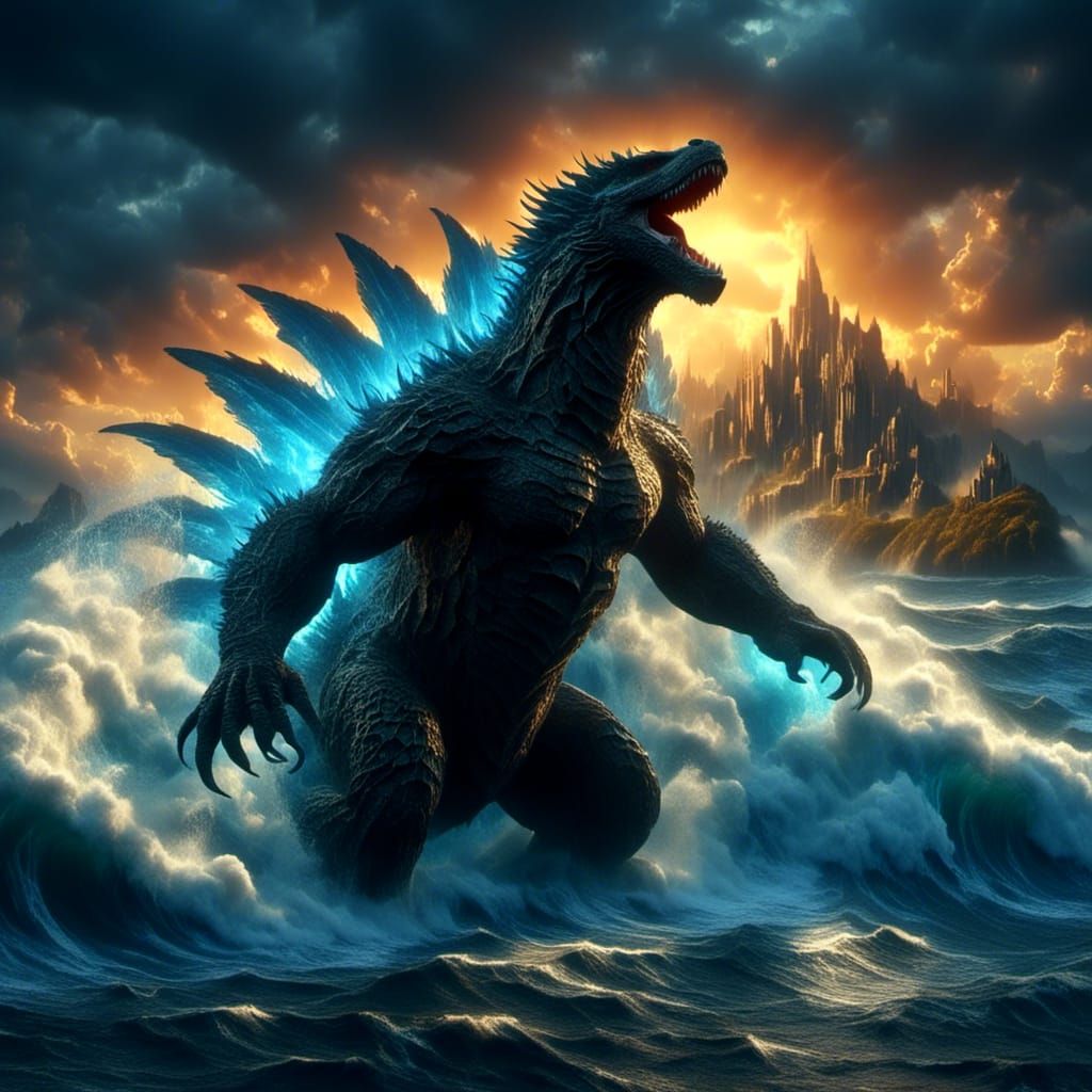 Epic Godzilla Battle Near City Coastline