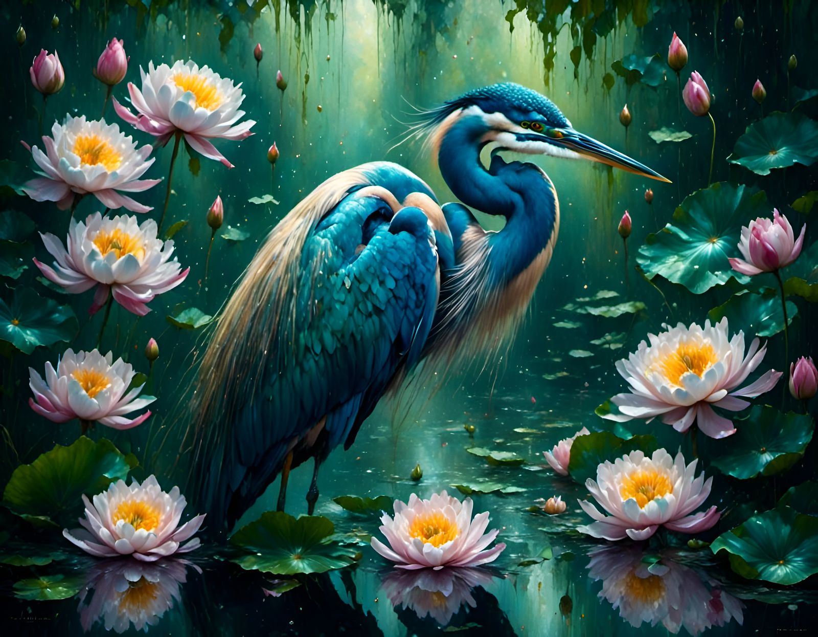 Great Heron in Lotus Pond, Impasto Gouache Painting