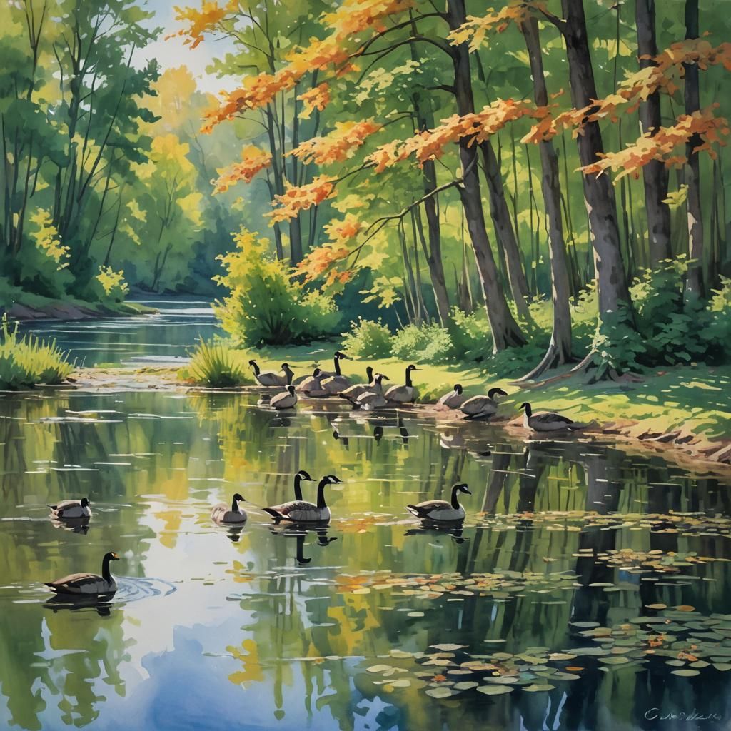 Canadian Geese at Serene Lake: Impressionist Gouache