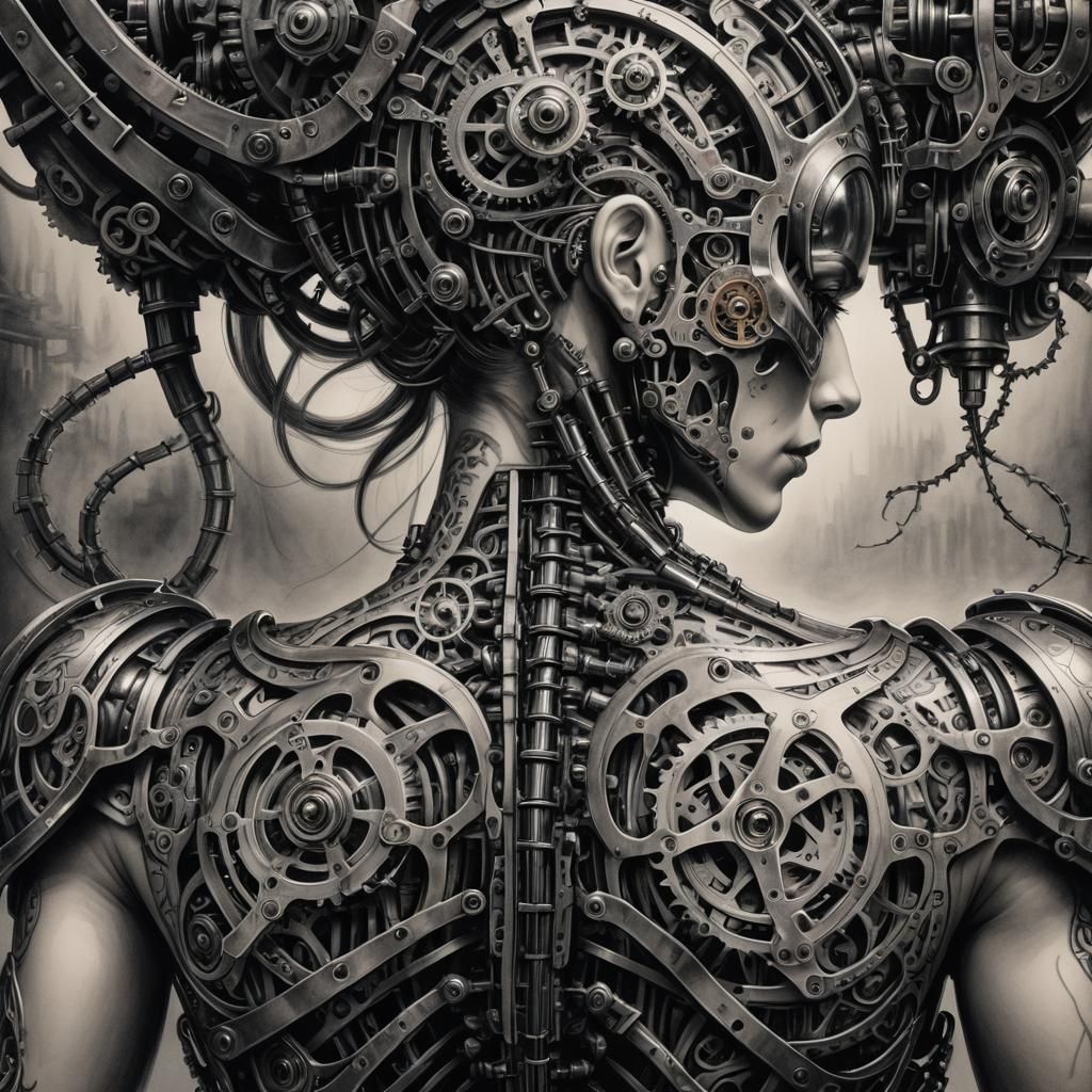 Robotic Spine Tattoo in Charcoal Style