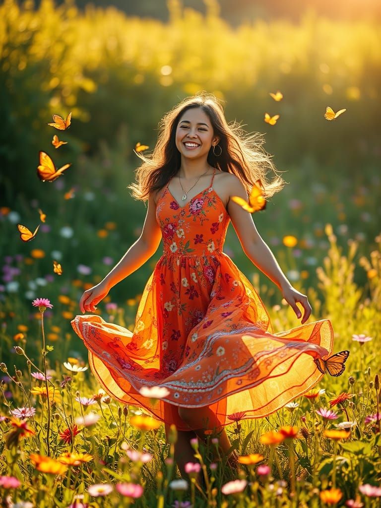 Young Latina Woman Dancing in Sunlit Wildflower Meadow