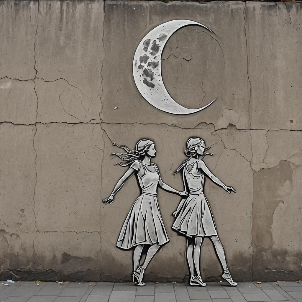 Street Art Dancers Silhouetted Against Moon