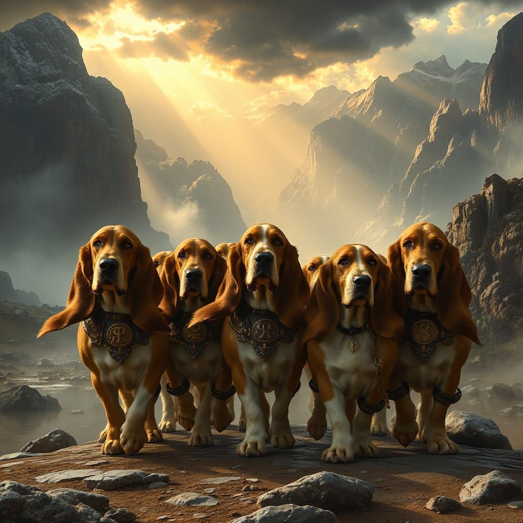Basset Hounds as Legendary Guardians in Epic Fantasy Scene