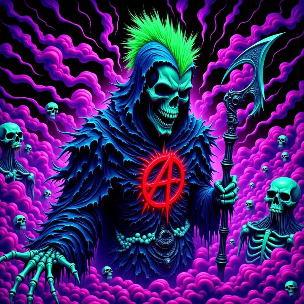 Psychedelic Grim Reaper Punk Art in Cosmic Chaos