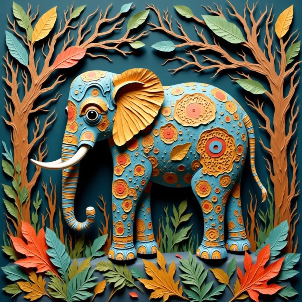 Elephant in Jungle: Dubuffet Style Papercut Art