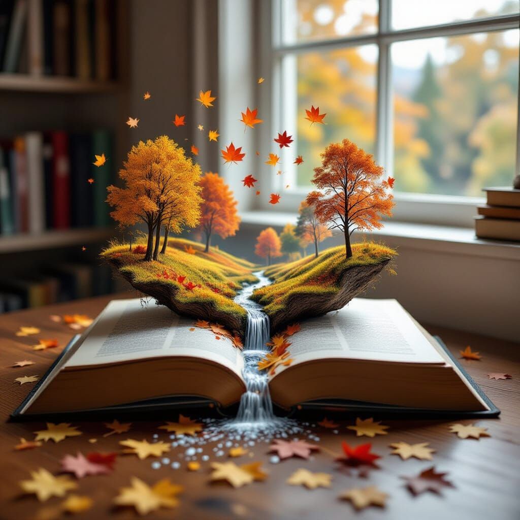 Open Book Reveals Miniature Autumn World on Desk