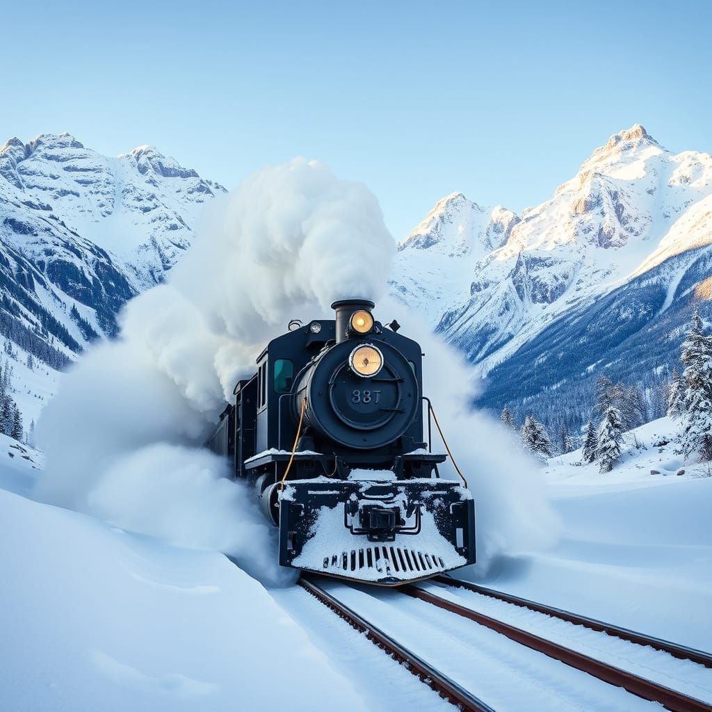 Vintage Snowplow Train Pushing Snow in Mountain Valley