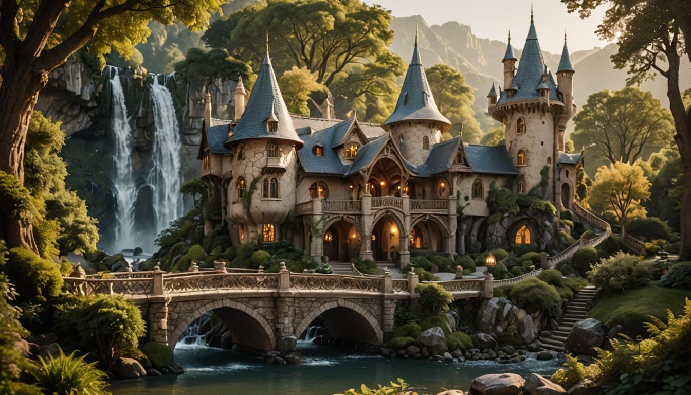 Elegant Elven House Near Waterfall: Fantasy Architecture
