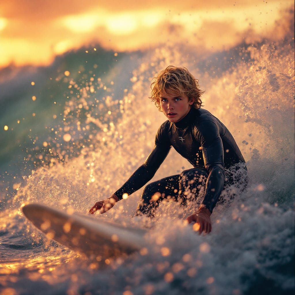 Boy Windsurfing Colossal Waves at Sunset: Cinematic Film Sti...
