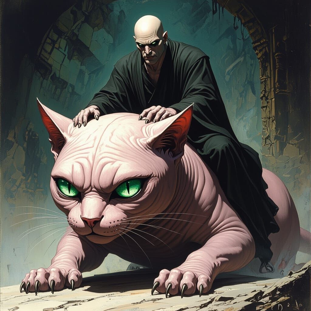 Colossal Bald Man Rides Giant Cat in Dark Fantasy Style