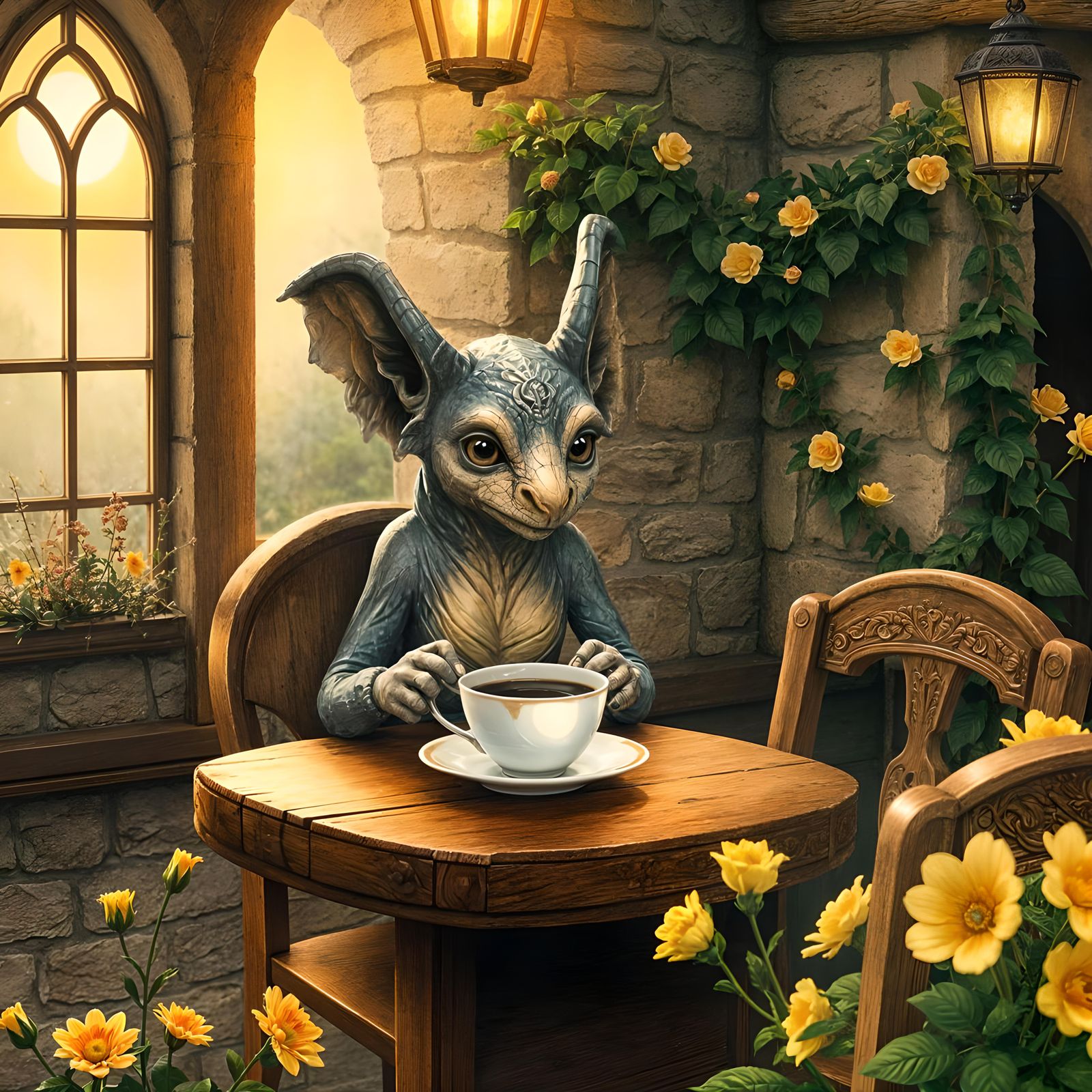 Adorable Gargoyle Sipping Coffee in French Cottage