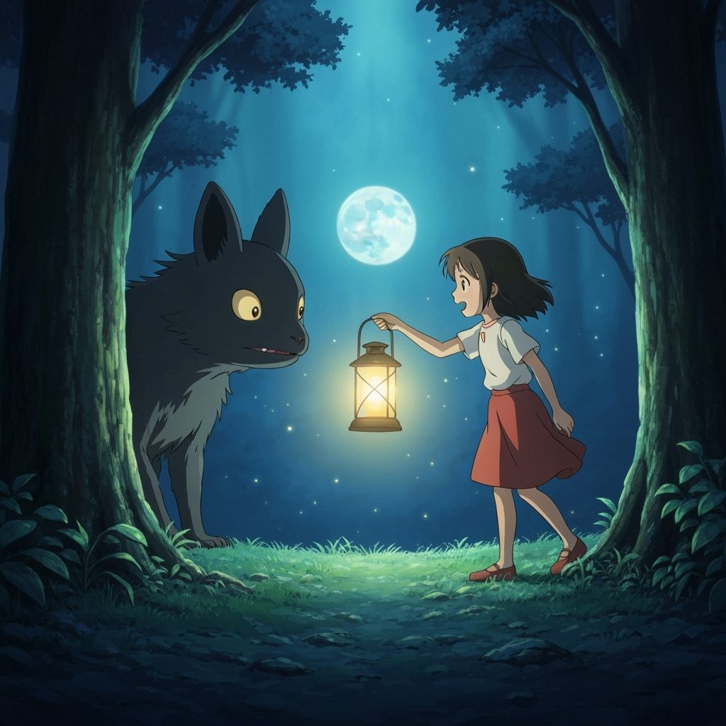 Girl Offers Lantern to Shadow Creature in Ghibli Style
