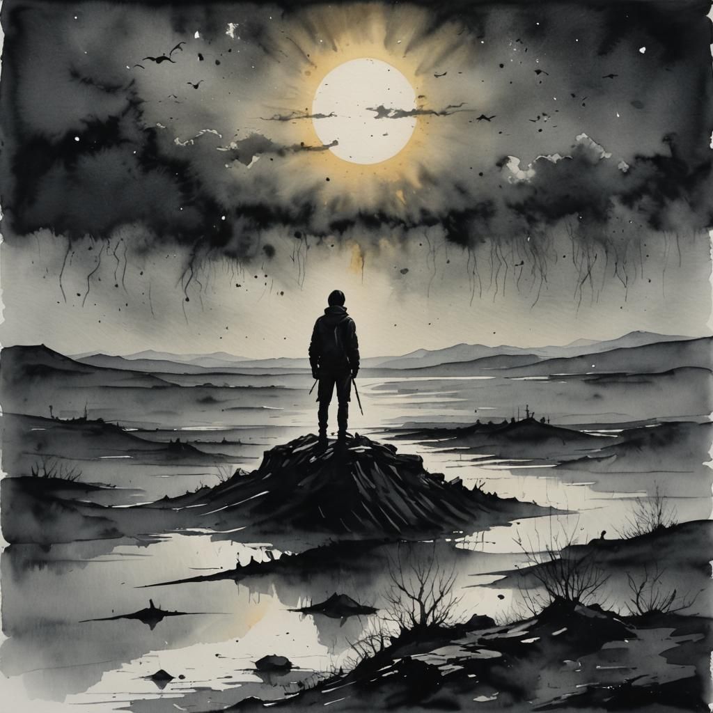 Loneliness Under a Dark Sun: Watercolor Art