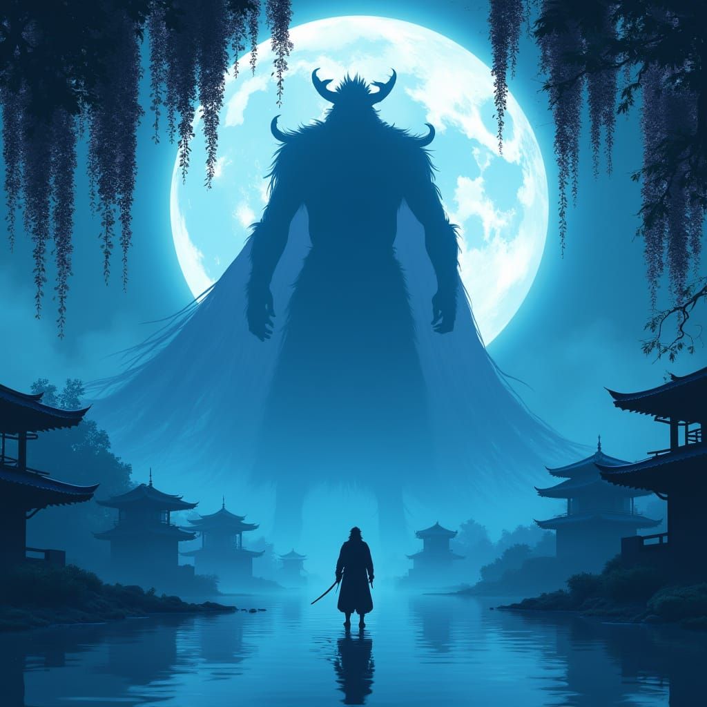 Dramatic Silhouette Battle Scene in Blue Moonlight