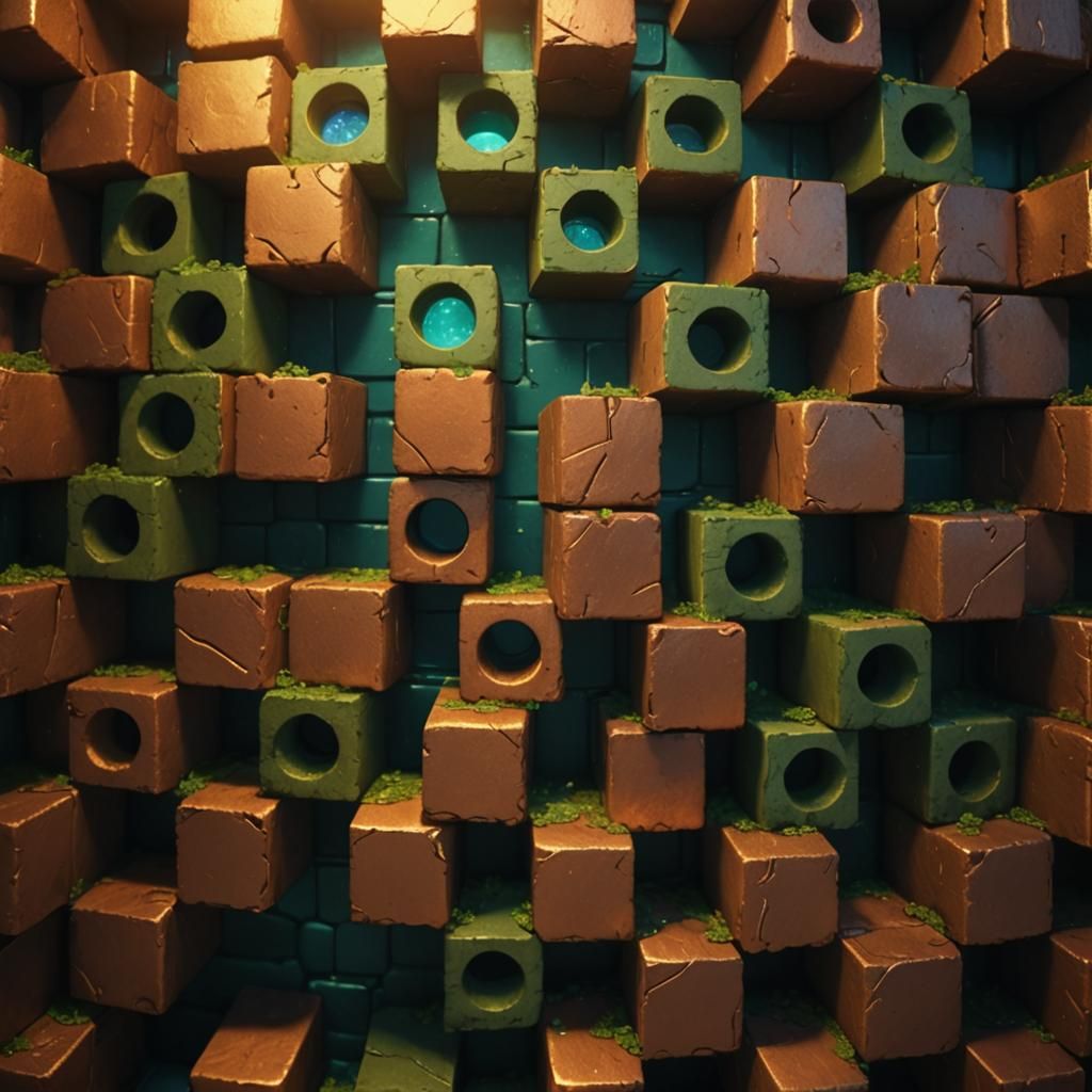 Intricate Copper Brick Wall with Glowing Runes