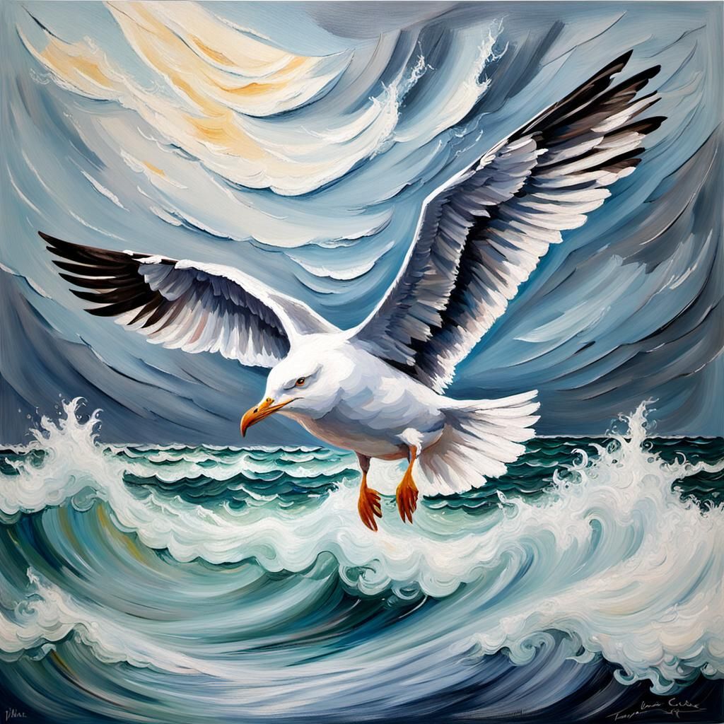 Seagull in Storm: Impasto Painting of Wild Winds