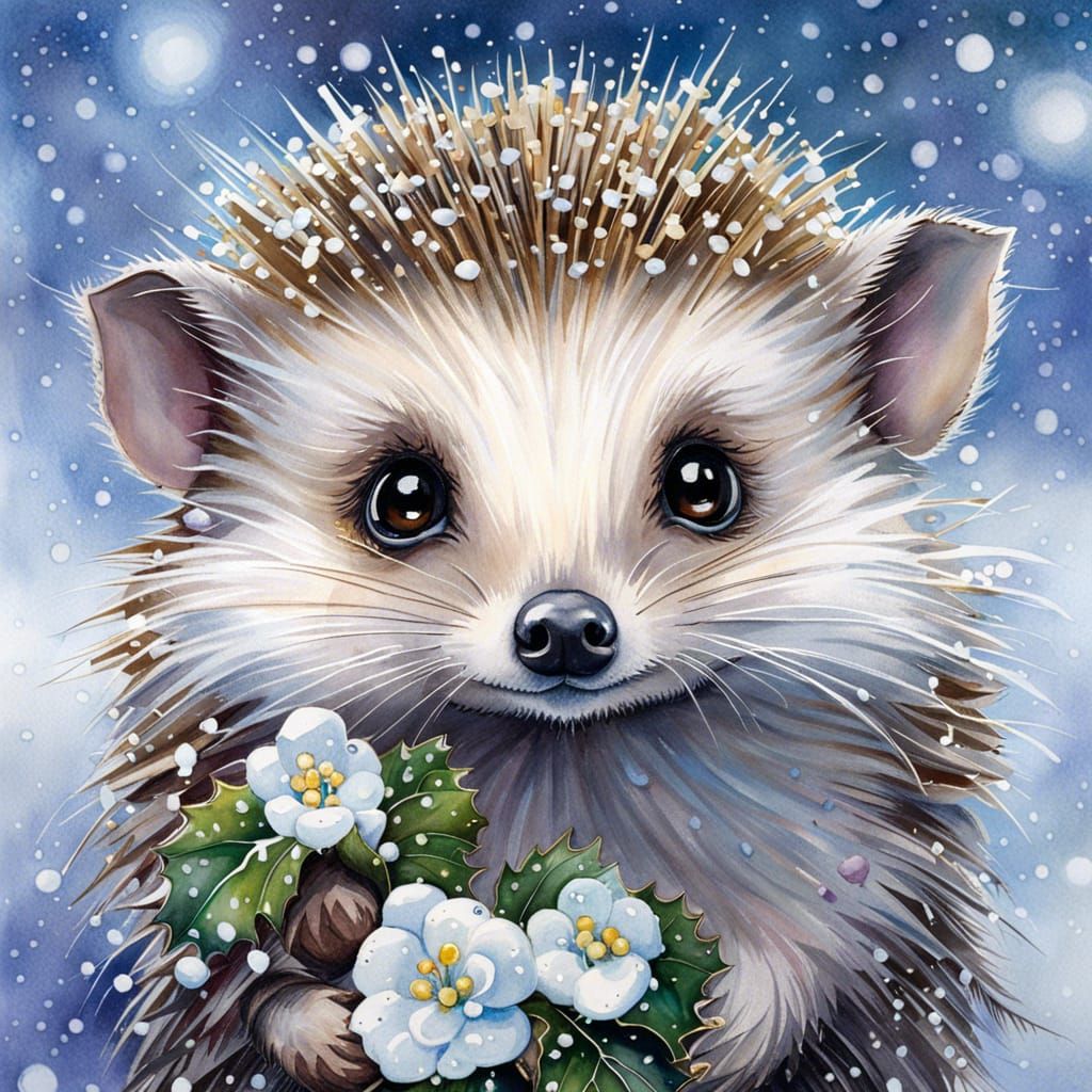 Adorable Hedgehog in Winter Watercolor Painting