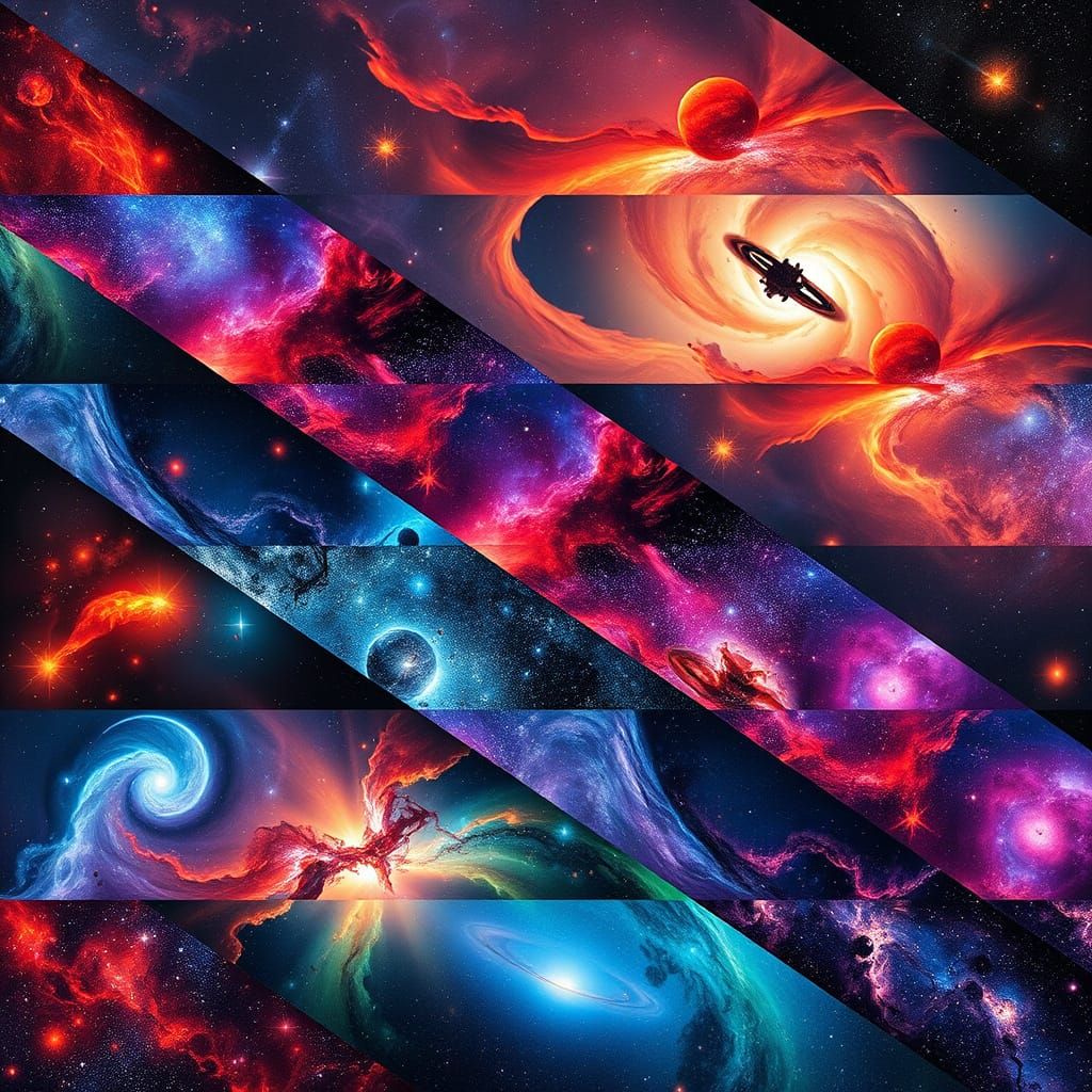 A collage of vibrant and detailed outer space scenes, divided into diagonal bands. Each band showcases a unique nebula a...