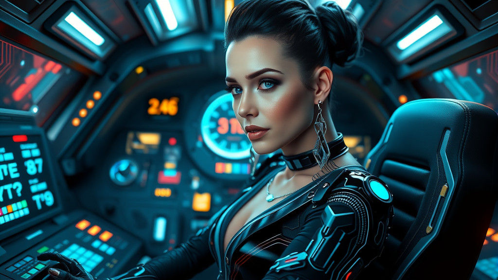 Cyberpunk Space Pilot in Spaceship Cockpit