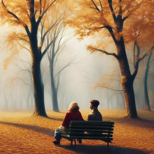 <lora:Lora5:1.0> Осінній парк, чоловік жінка сидять на лавці, п'ють каву.