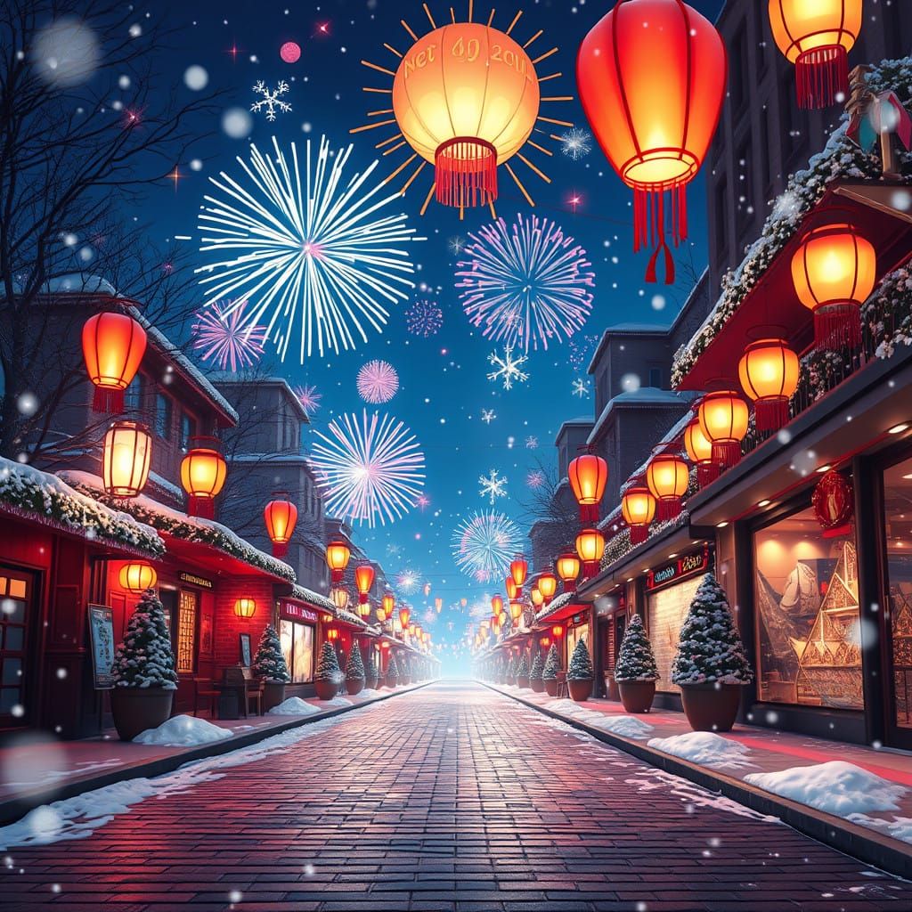 Surreal New Year's Eve Celebration in a Vibrant Winter Wonde...