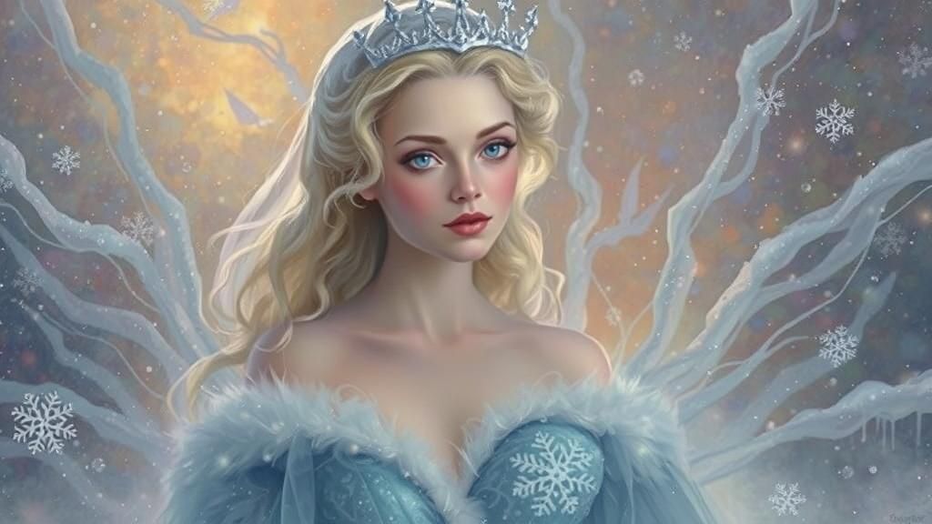 Ethereal Snow Queen in Mystical Winter Landscape