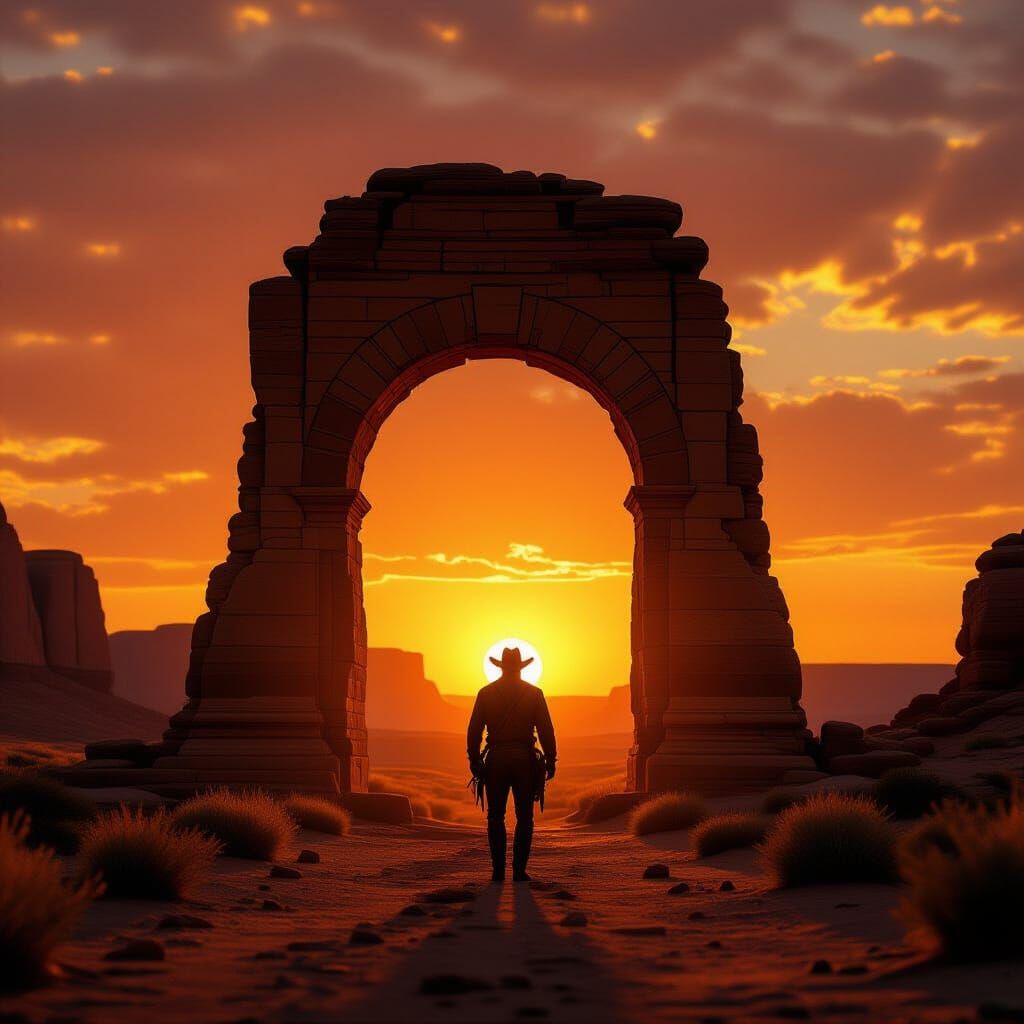 Lone Cowboy Admires Ancient Archway at Fiery Sunset