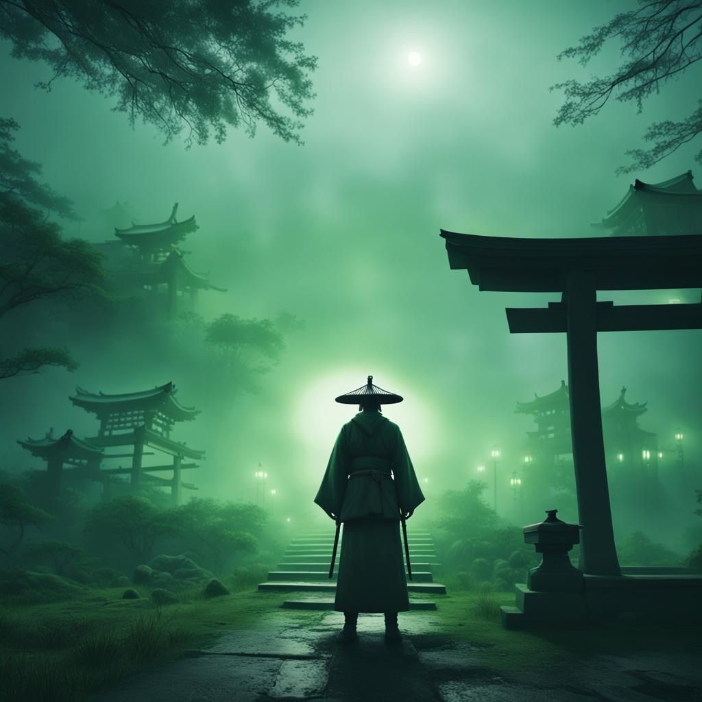 Samurai Under Shinto Shrine in Apocalyptic Wasteland