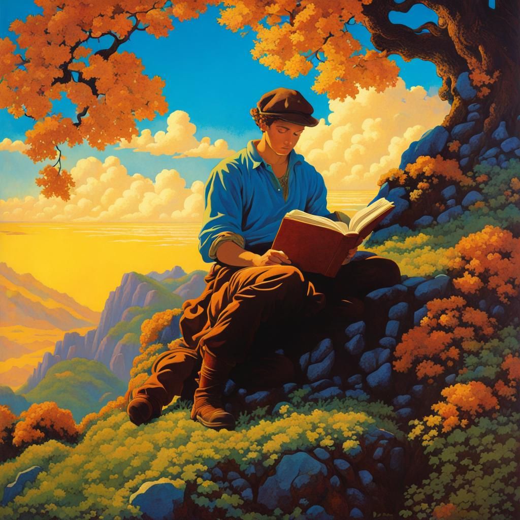 Man Reading Book in Colorful Golden Age Style