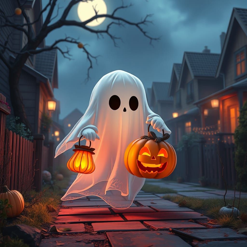 Cute Ghost on Halloween Tour: A Digital Painting