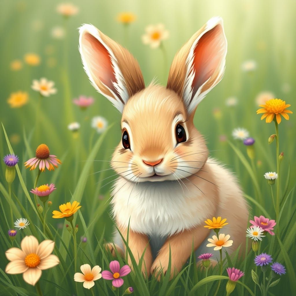 Whimsical Baby Rabbit in a Lush Meadow