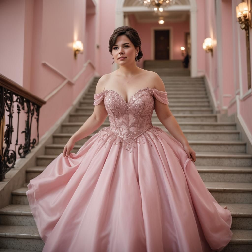 Woman in Pink Gown Enters Ballroom