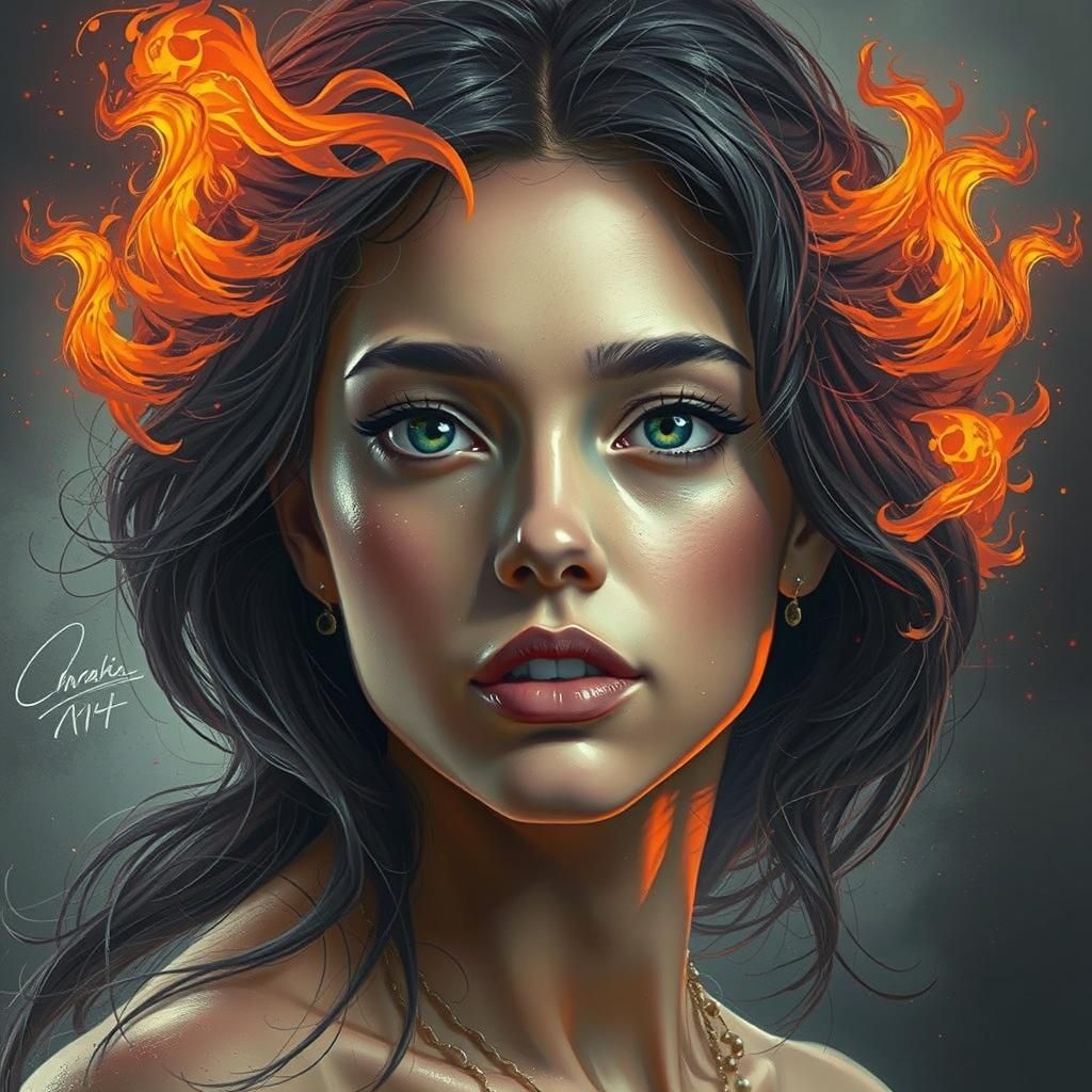 Flaming Haired Beauty in Hyperrealistic Painting