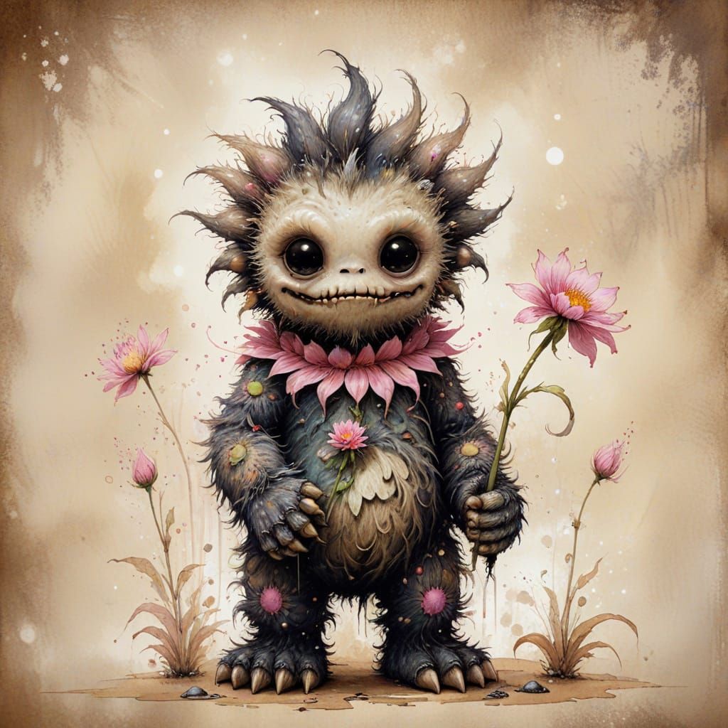 Friendly Fur Monster Offers a Flower in Ink Painting Style