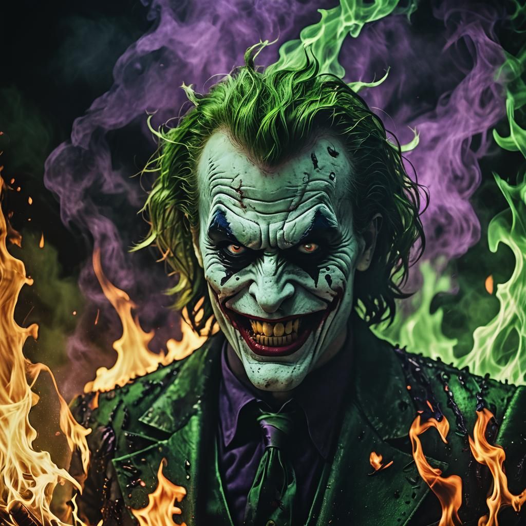 Evil Joker in Green Fire: Dark Fantasy Art