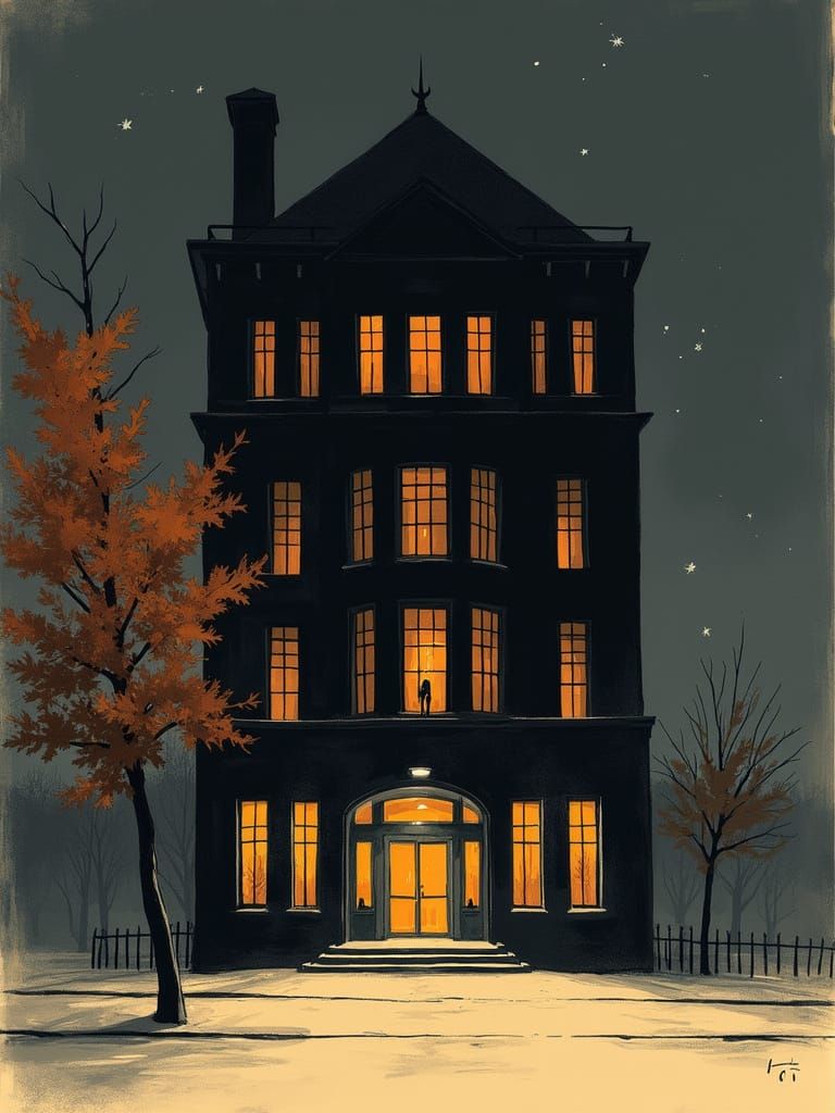 Elegant Classical Building at Night in Ink Style