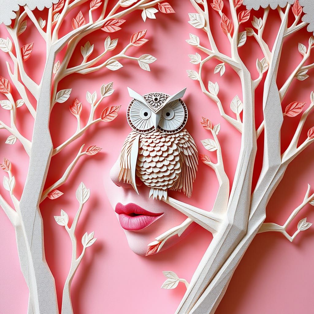 Stunning Paper Woman Portrait with Trees and Owl in Pastel