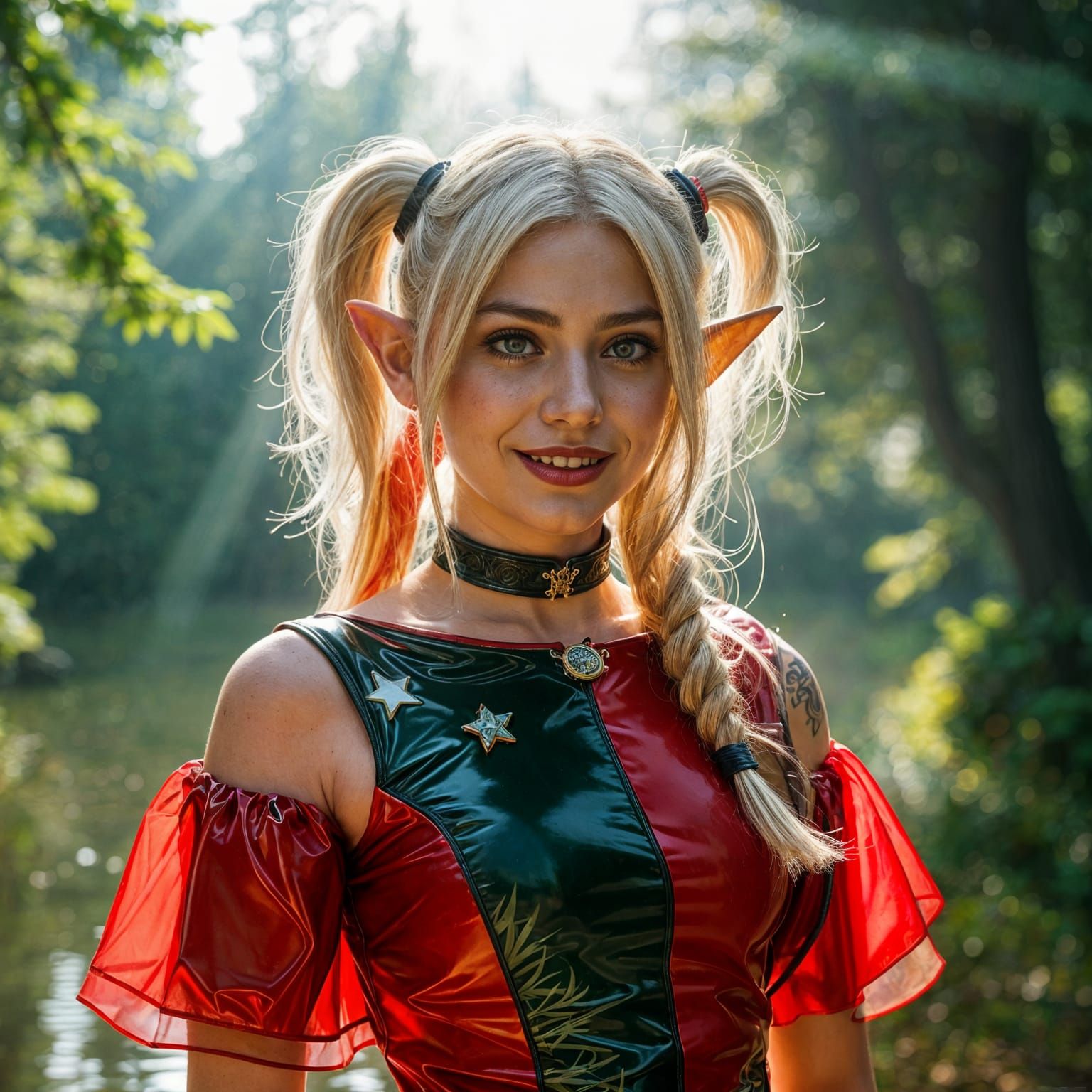 Hyperrealistic Elf Woman in Forest Sunlight