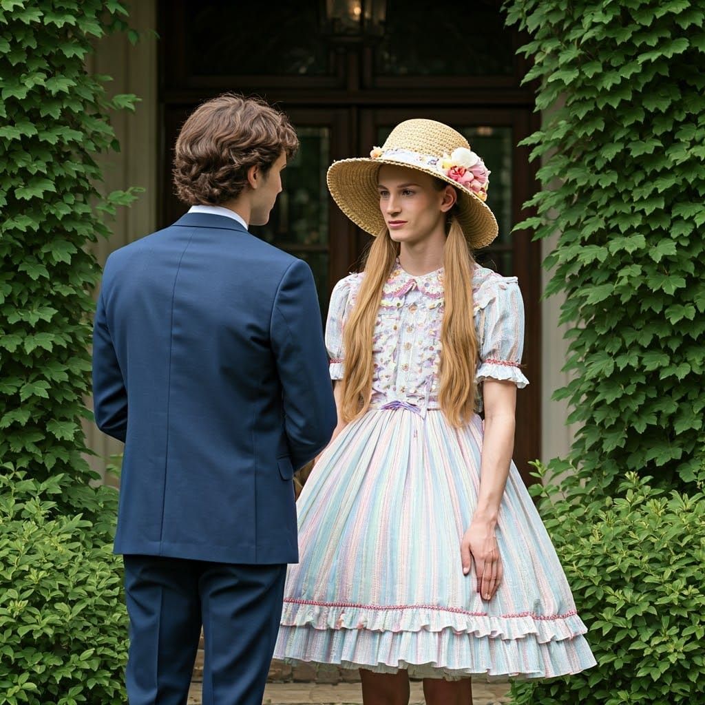 Androgynous Young Man in Whimsical Dress, Surrounded by Natu...