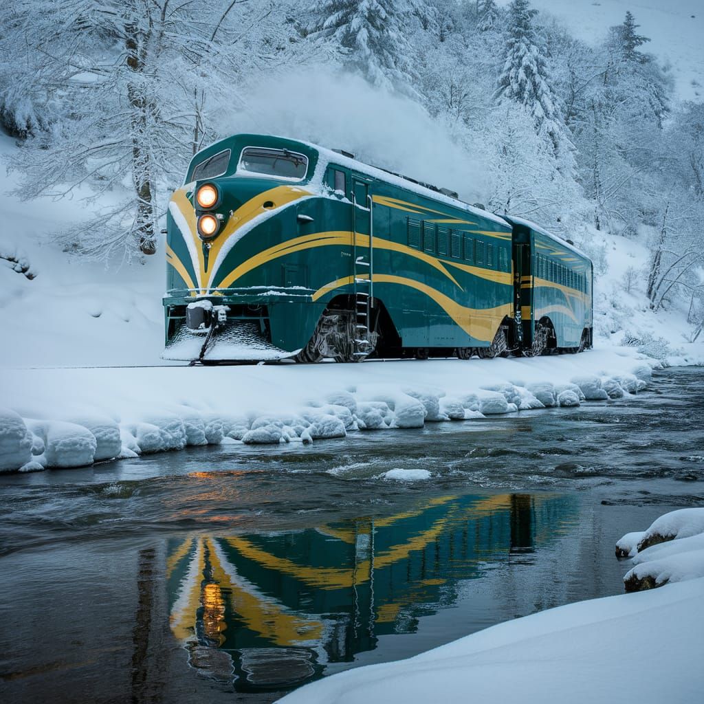 Green and Yellow Train in Snowy Landscape