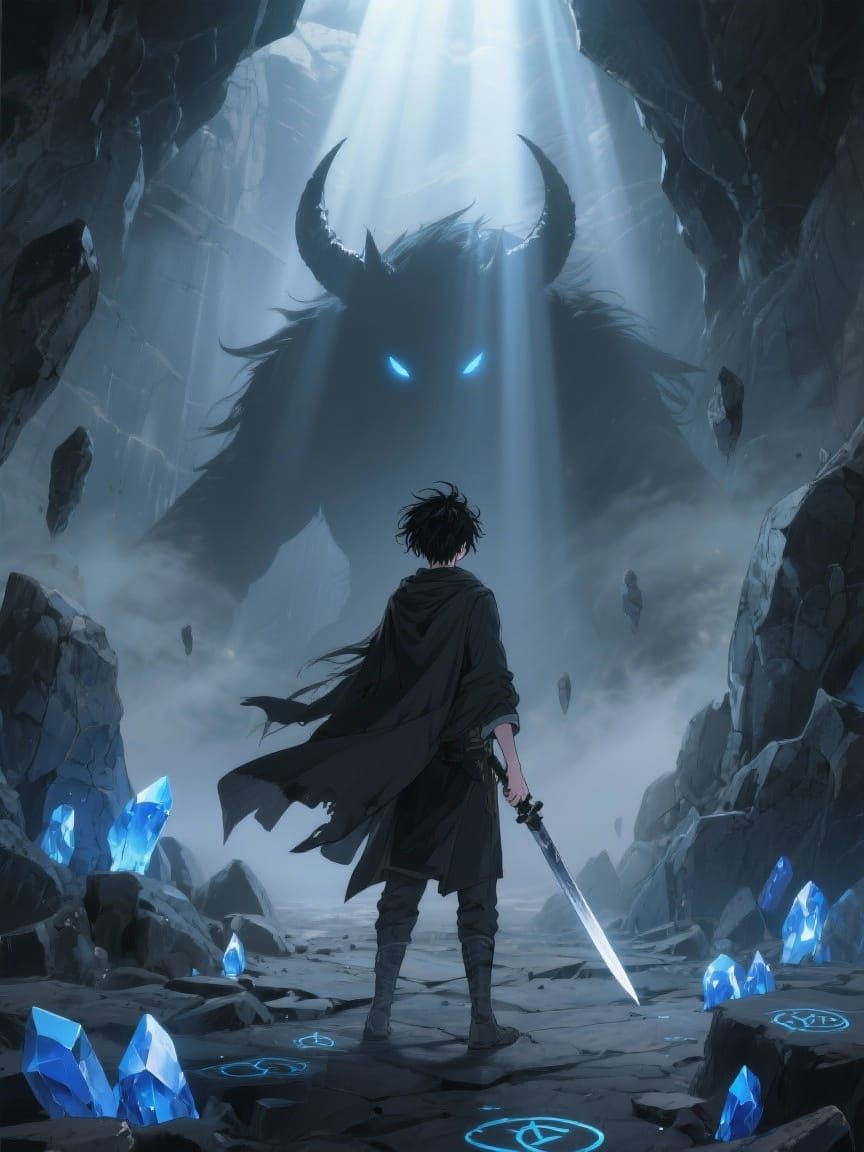 Teenage Mage in Crystal Dungeon Facing Shadow Beast