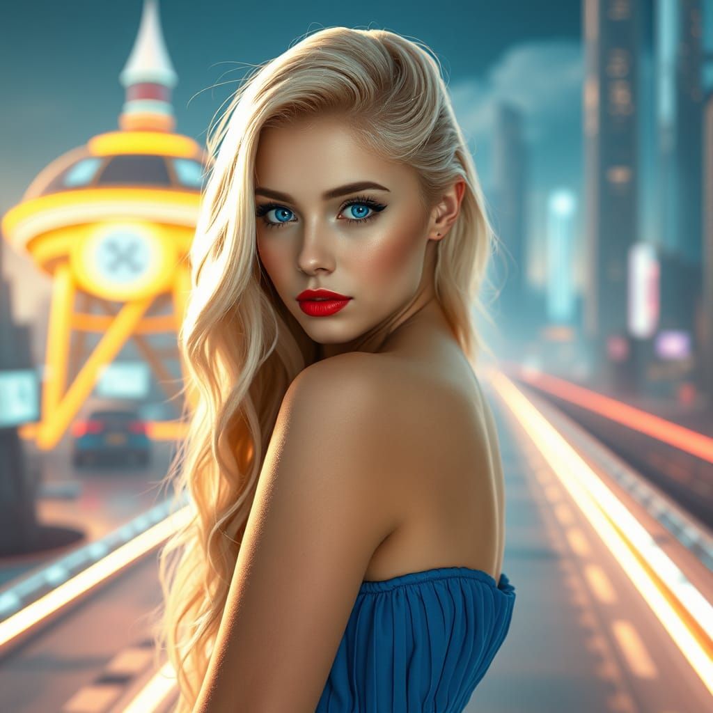 Blonde Woman in Futuristic Landscape: Digital Art