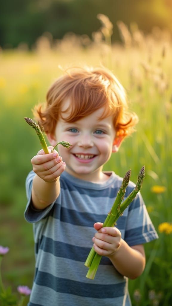 Tender Moment of a Redheaded Boy Sharing Asparagus with Sist...