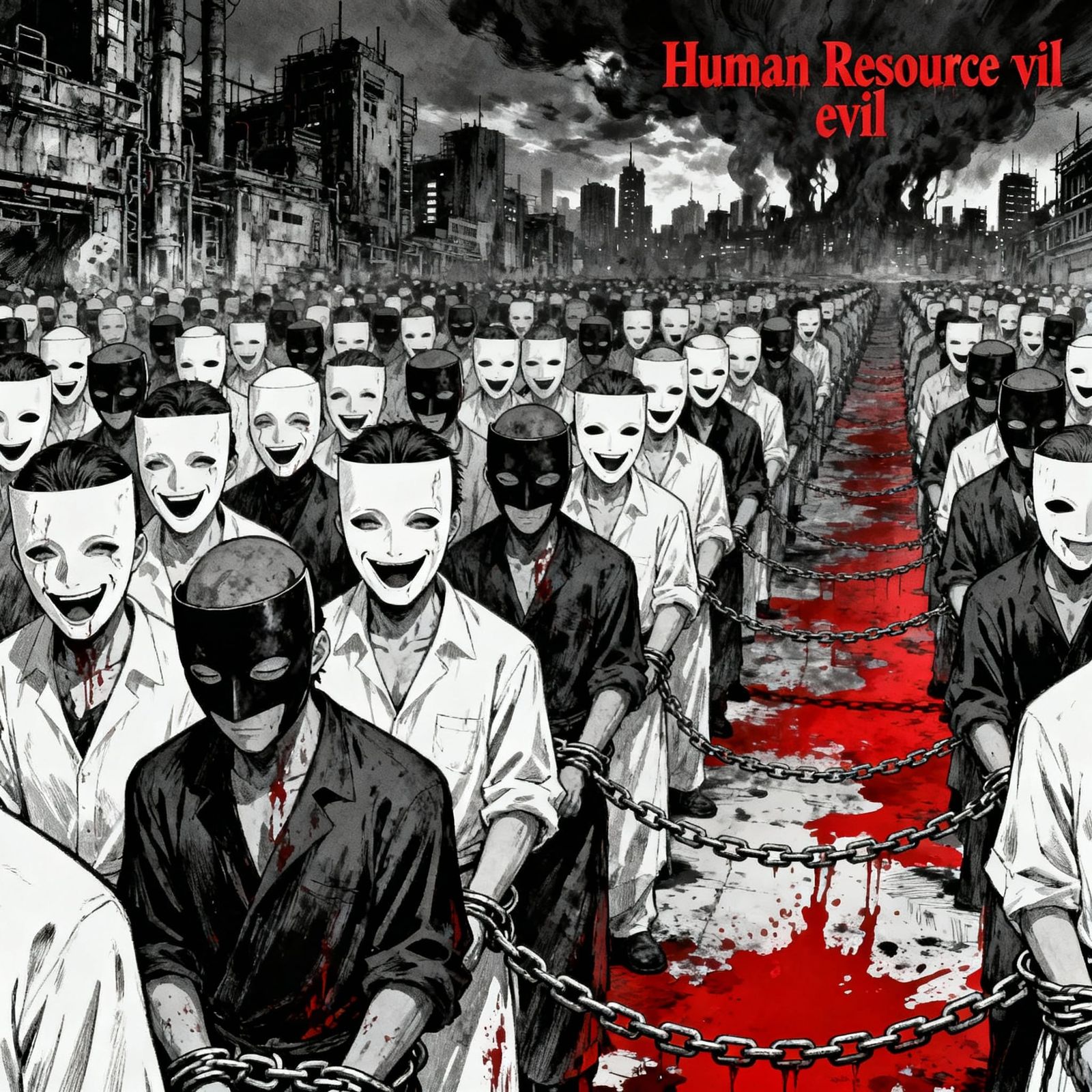 Dystopian Cityscape with Masked Figures and Red Blood Highli...