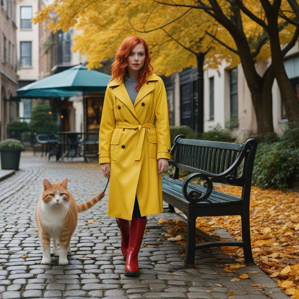 Girl with Cat on Cobblestone Path in Autumn Rain